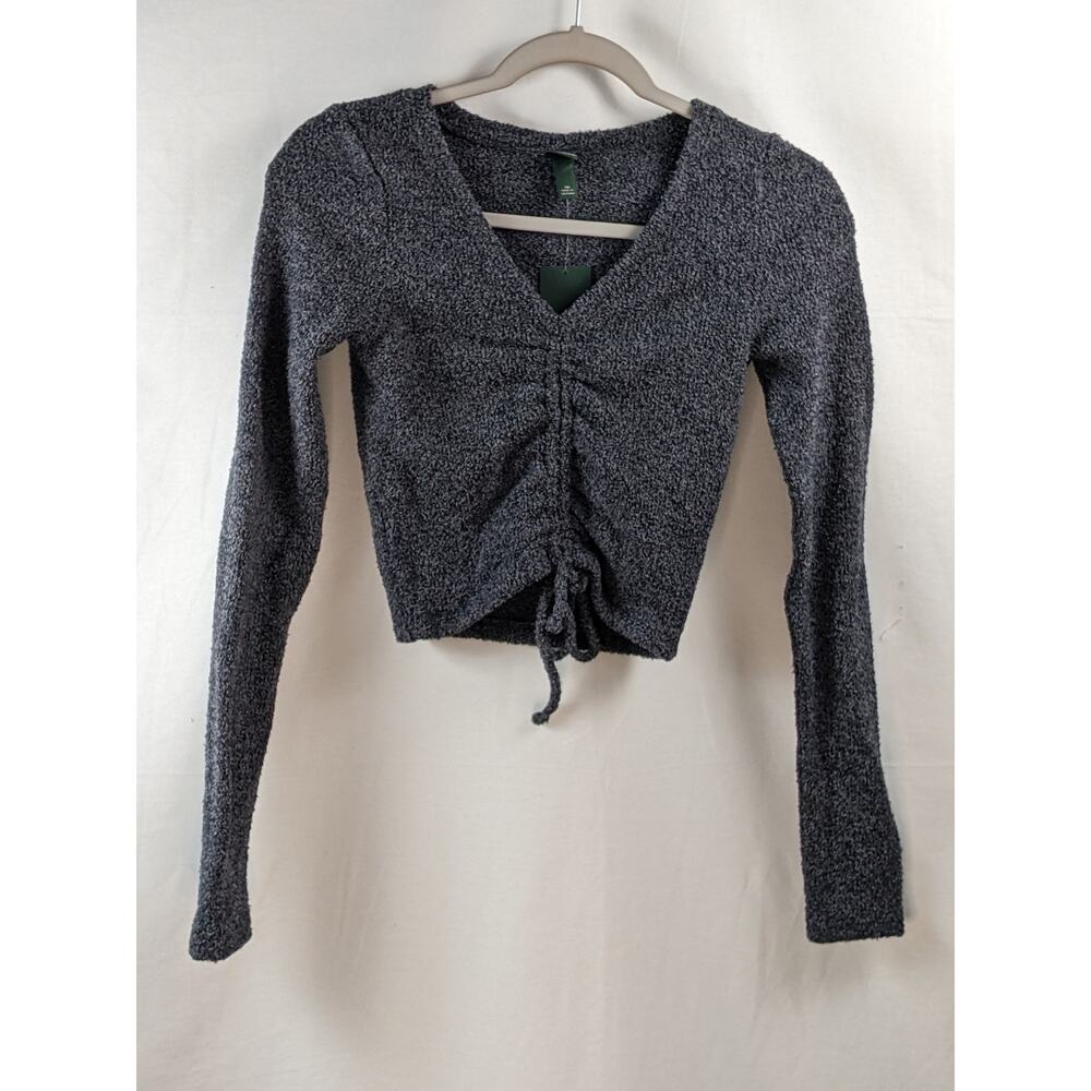 Wild Fable VNeck Sweater XS Cropped Ruched Front Fitted Knit Black Long Sleeve